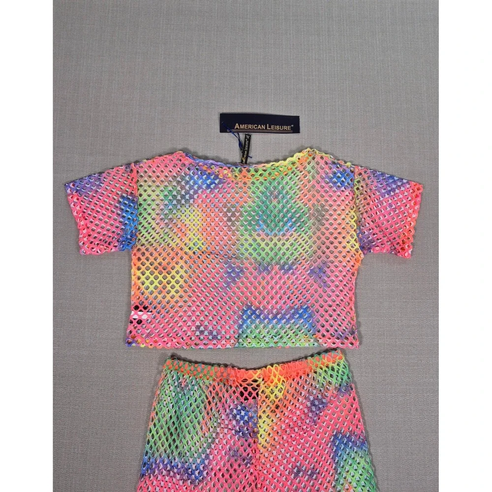 American Leisure Rainbow Tie Dye Mesh 2 Piece Set Crop Top Shorts XL New